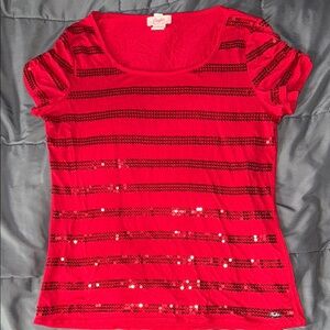 Candie's Red Sequin Striped Short Sleeve Top